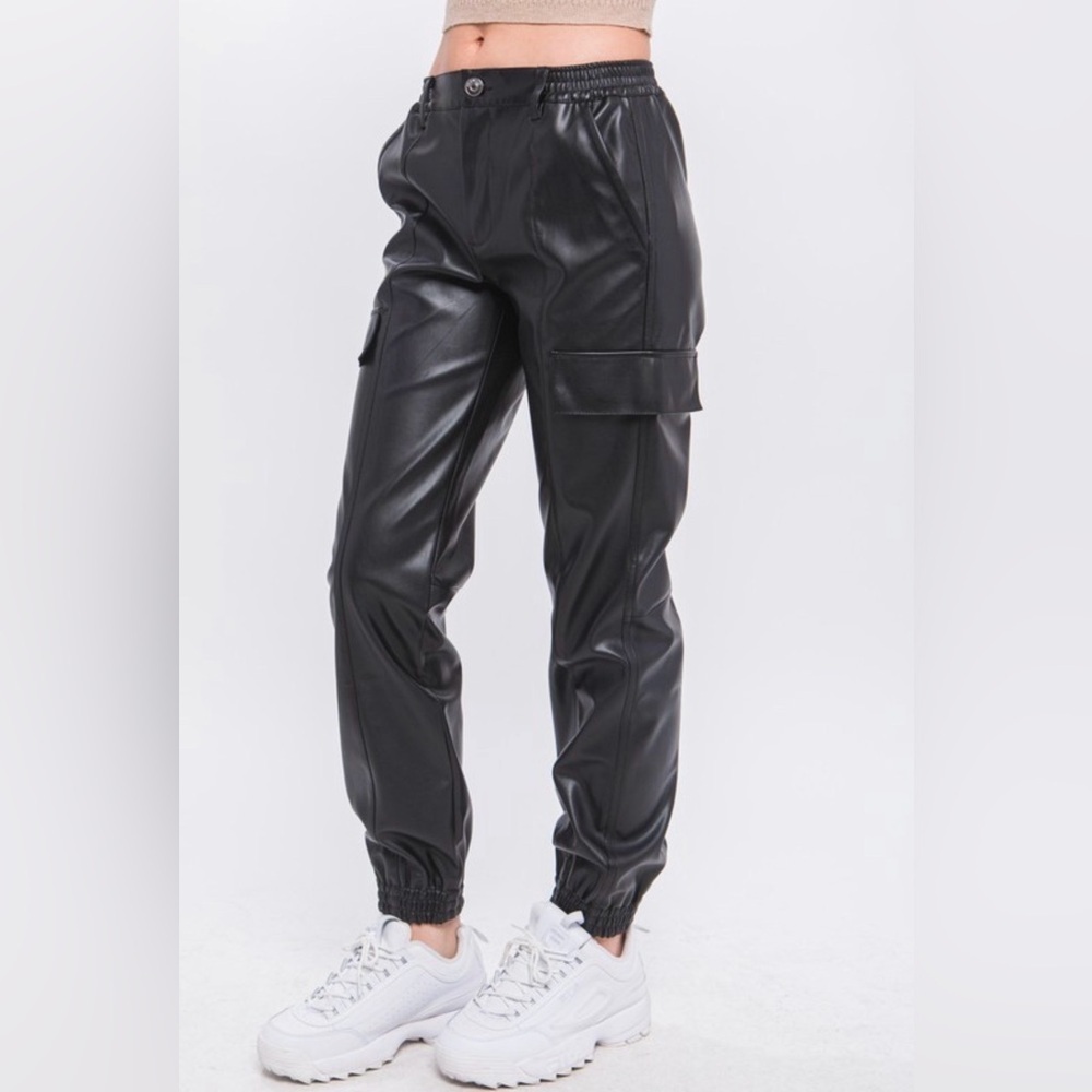 Women’s Black Faux Leather Cargo Pants - Picture 1 of 4